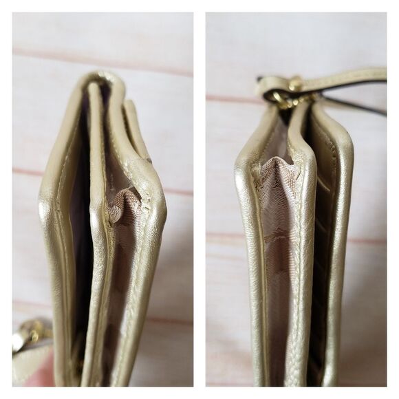 Coach Fabric Leather Logo Wristlet Wallet Metallic Gold Tan Fun Print - Picture 15 of 16